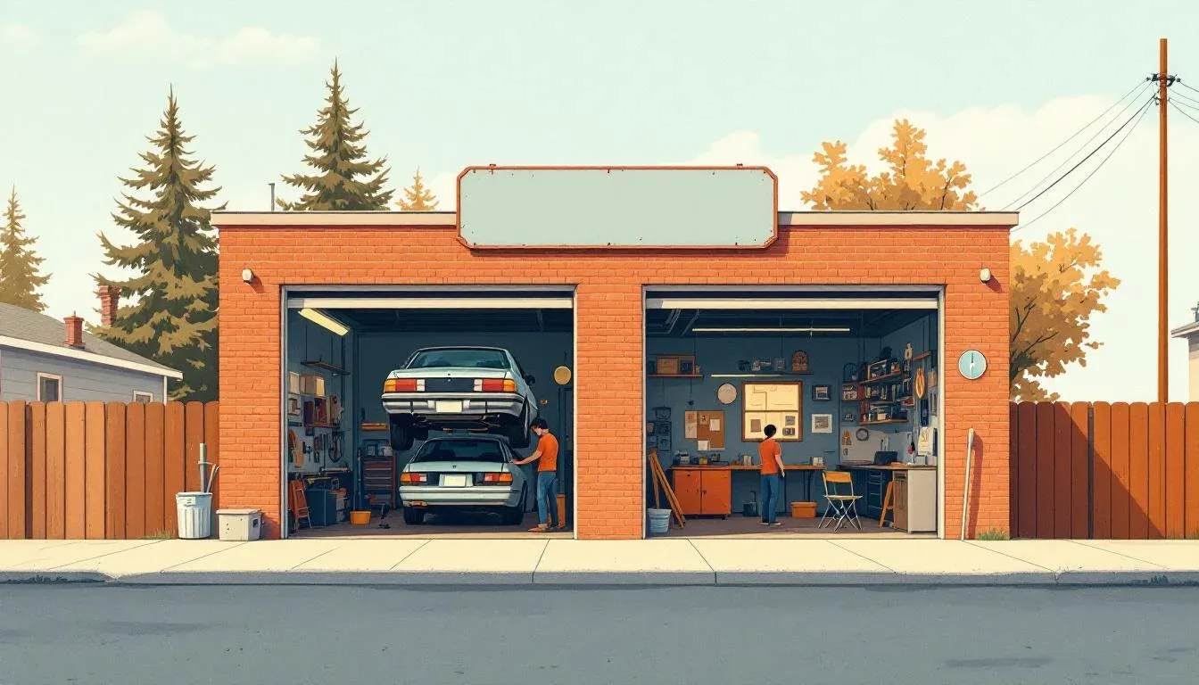 Illustration — a modest neighborhood auto repair shop on an ordinary day: a small one-story building with two open garage bays, a hand-painted sign overhead, a car raised on a lift inside one bay, fir trees behind, warm late-afternoon light