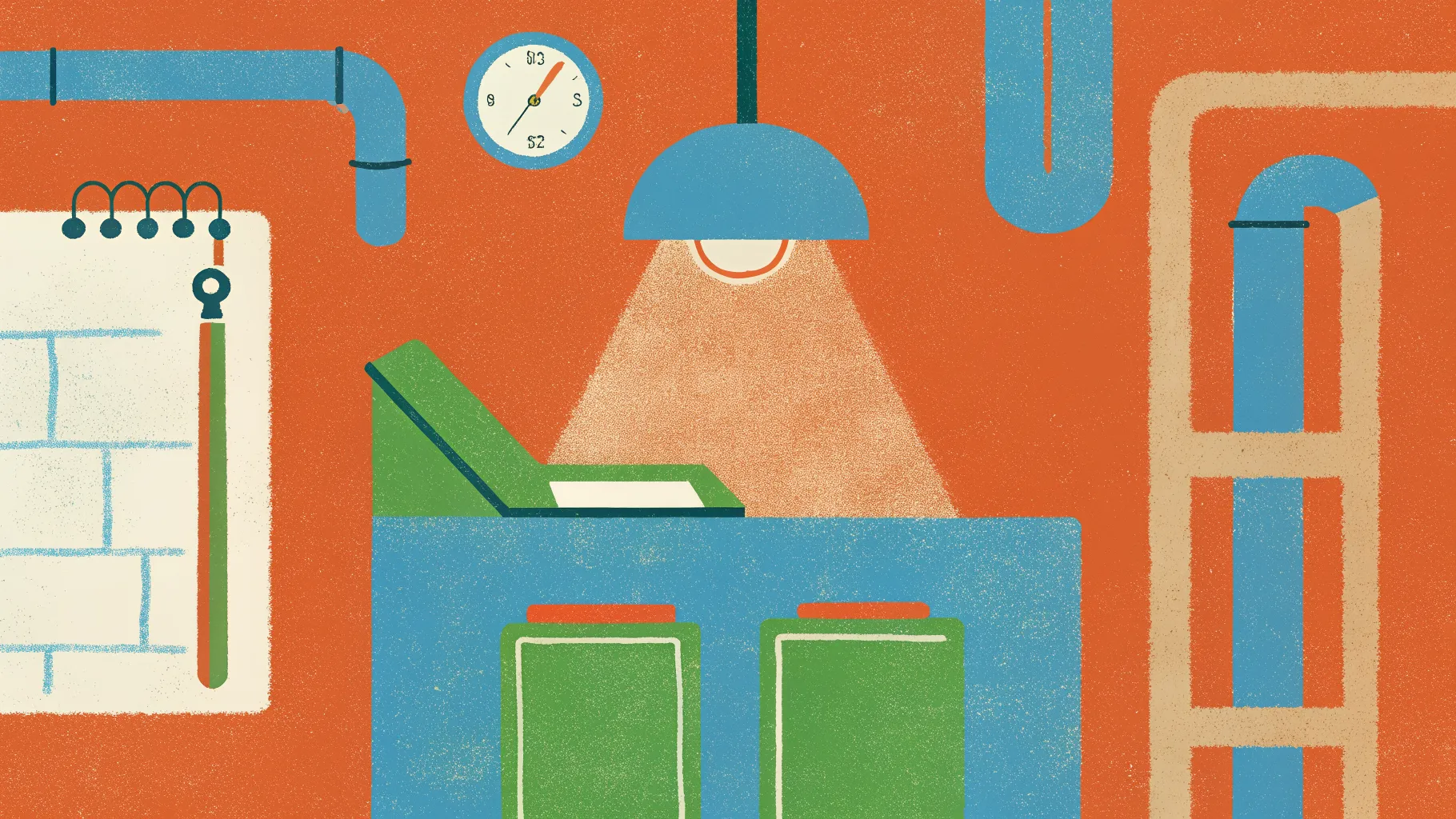 Illustration — a small utility room with a tidy boiler cabinet, neatly labeled valves, copper piping, a wall-mounted gauge reading steady pressure, and a hand-marked maintenance notebook hanging from a hook