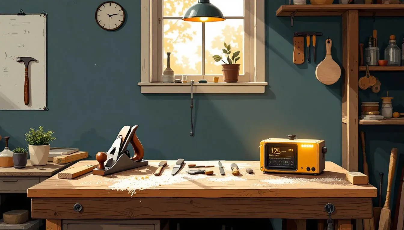 Illustration — a small craftsman workshop bench with a row of well-used hand tools and one new modern instrument with a soft glow at the far right, warm afternoon light
