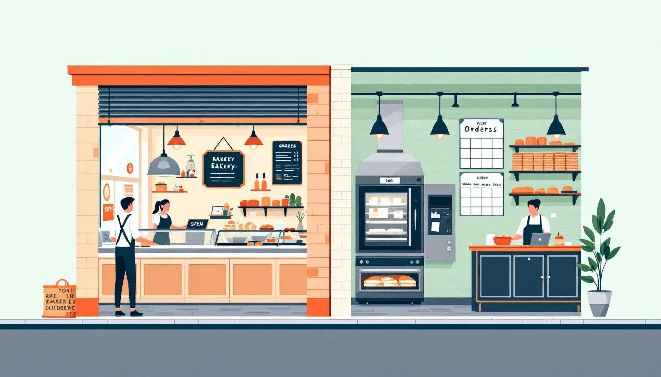 Cutaway illustration — the bakery's customer-facing storefront on the left and its kitchen, oven, schedule board, and operations laptop on the right