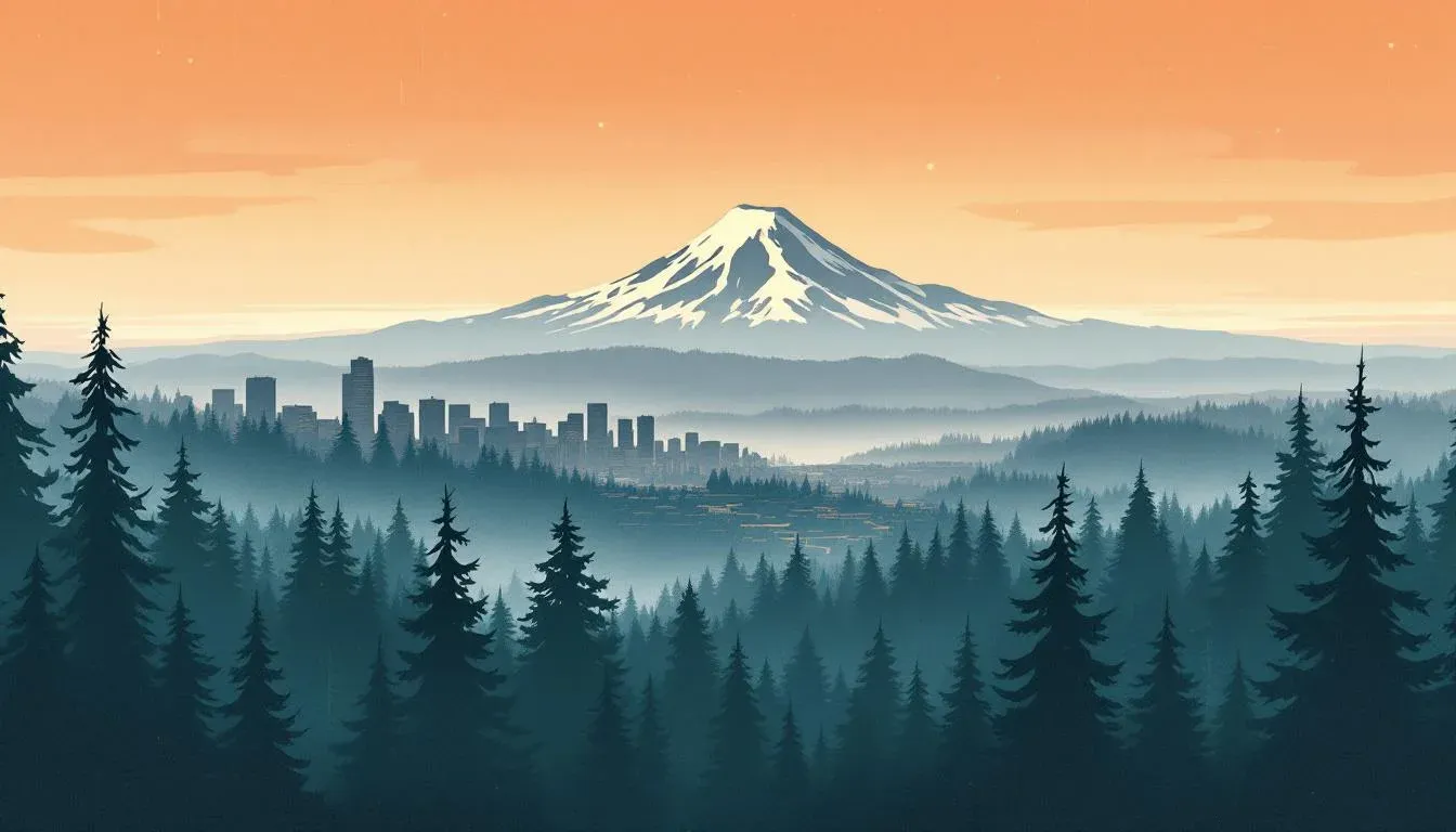 Illustration — Pacific Northwest landscape with Portland skyline and Mount Hood at dusk