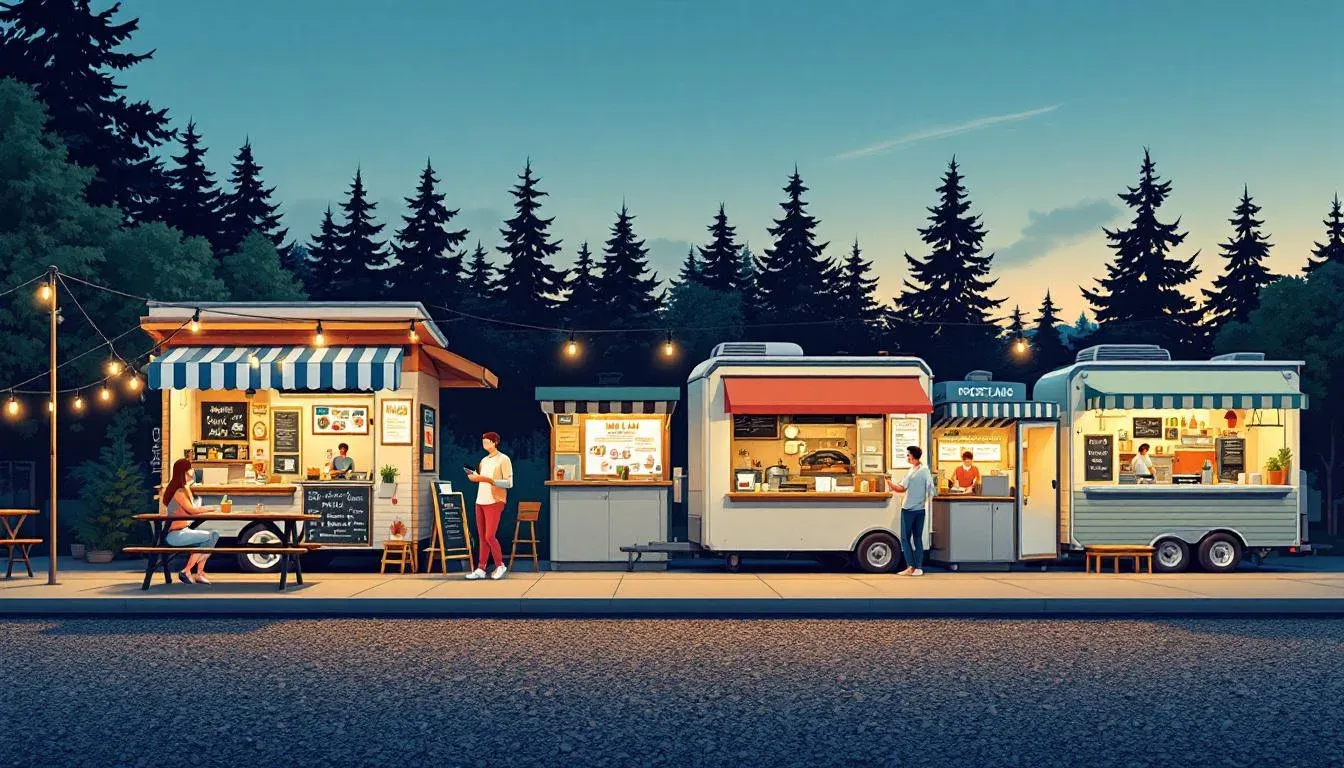 Illustration — a Portland cart pod at dusk: a row of food cart trailers under string lights, customers at a picnic table, evergreens behind, kitchens visible inside the carts