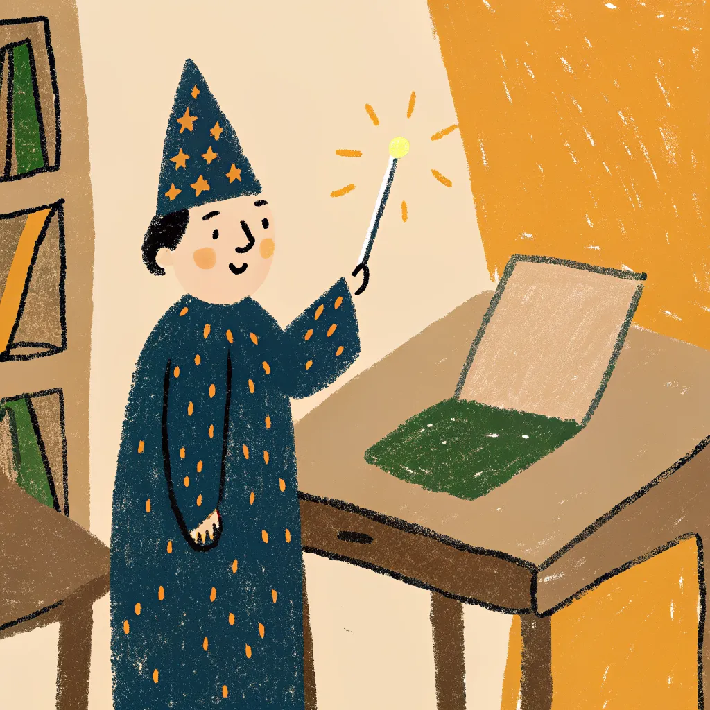 Illustration — a small wizard tapping a wand over an open laptop