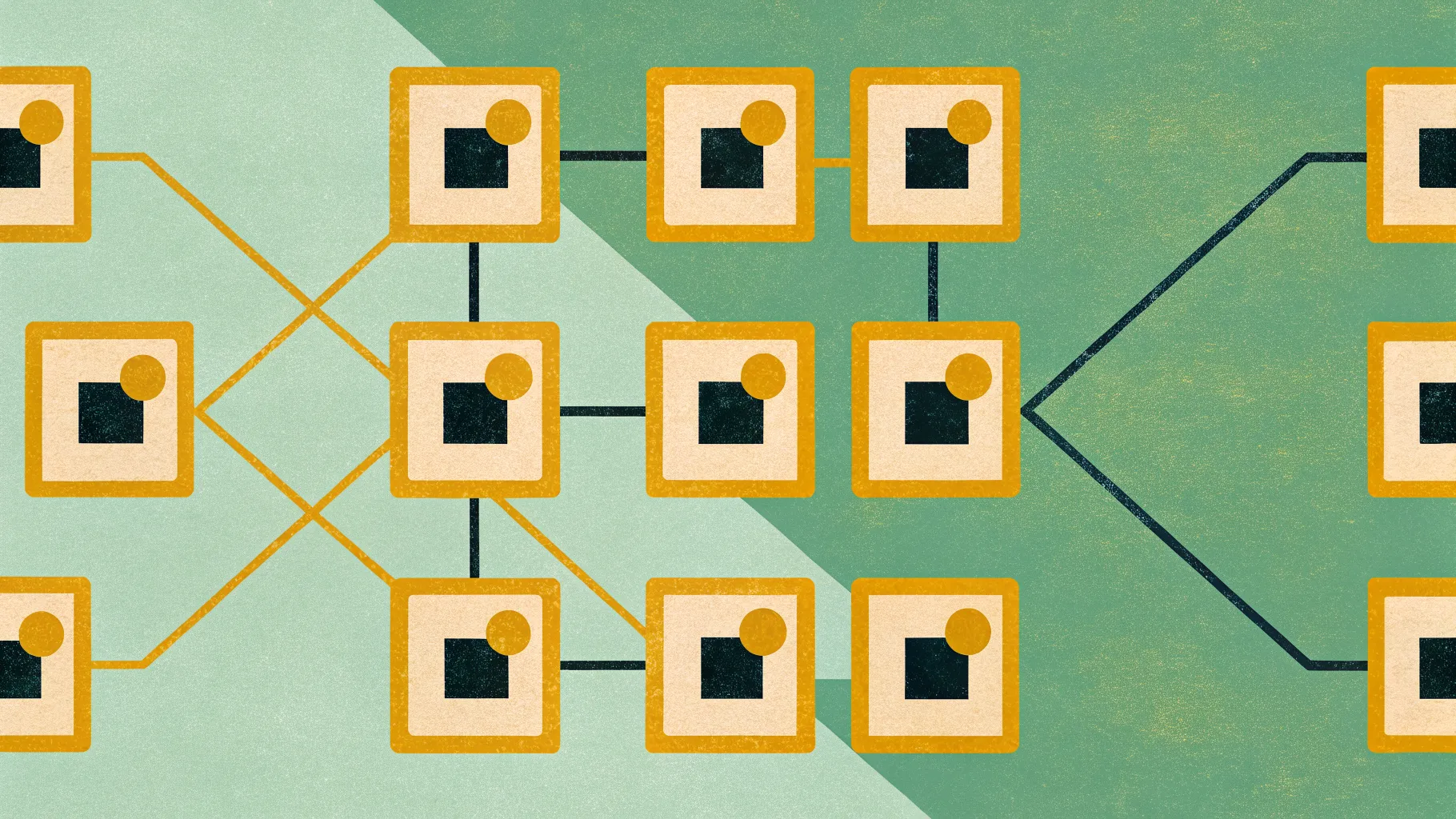 Illustration — abstract grid of connected nodes with quiet branching workflow lines