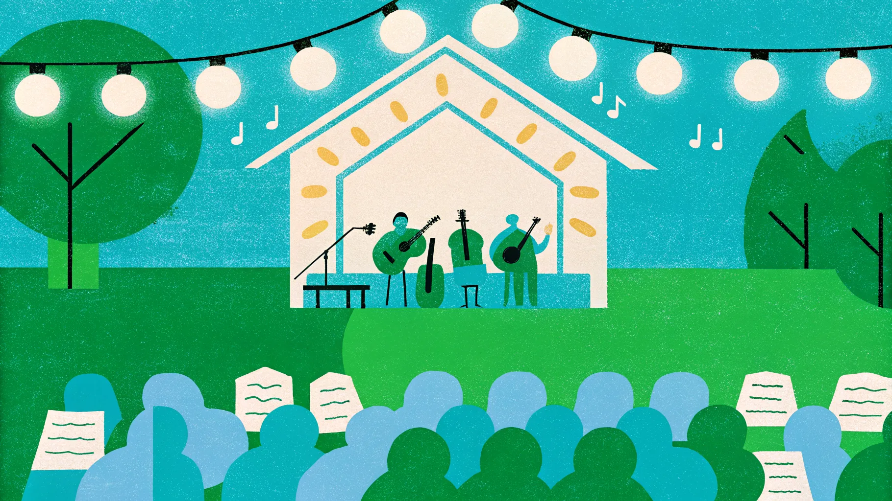 Illustration — small folk concert in a community venue with audience and string lights