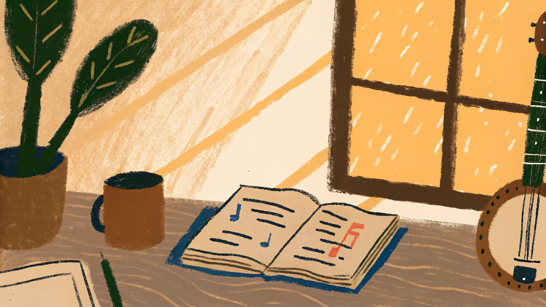 Illustration — sunlit desk with open songbook, banjo, coffee mug, and houseplant