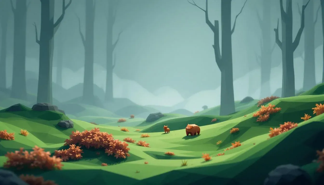 Illustration — low-poly procedural forest with small woodland creatures in fog